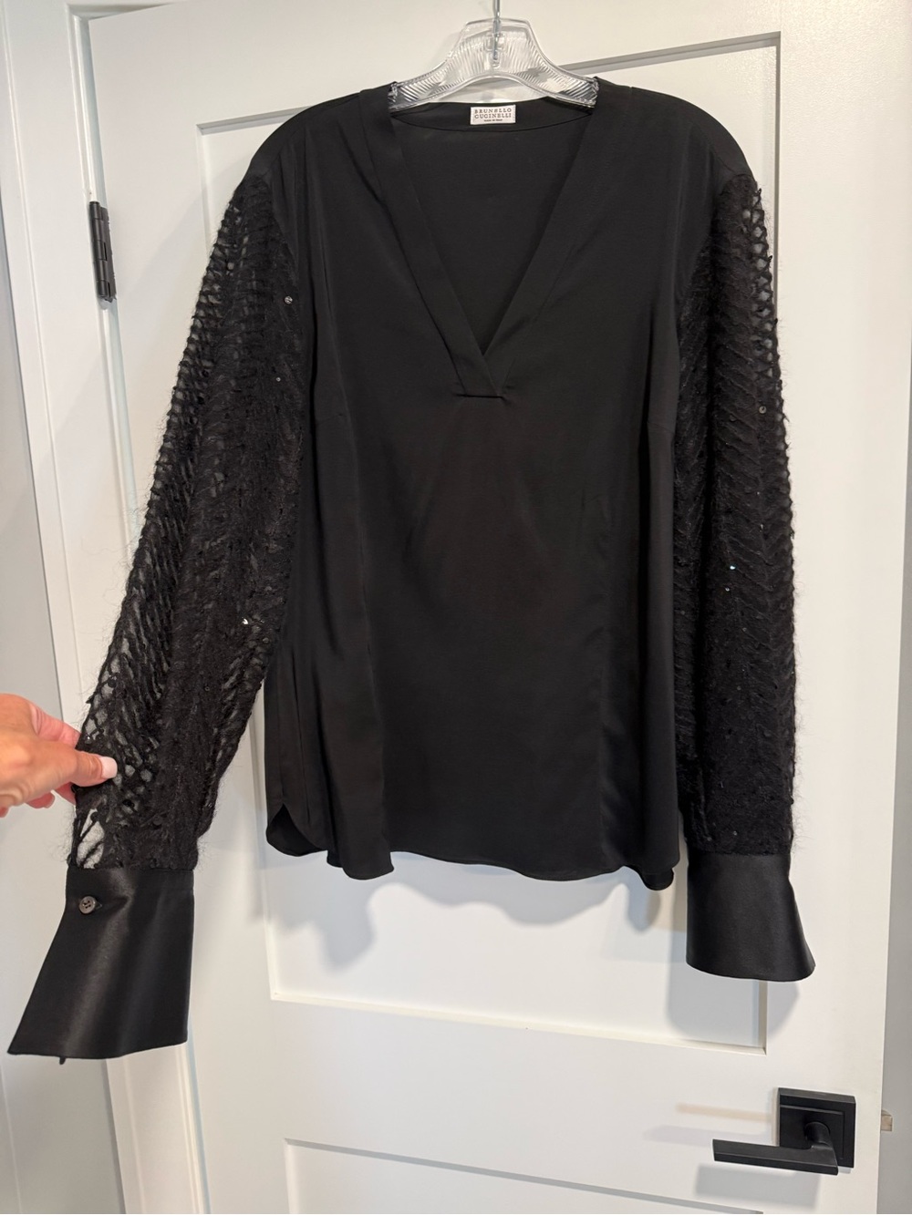 Brunello Cucinelli Black Silk & Mohair Sequinned Sleeve Blouse.